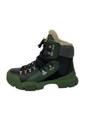 Gucci Short Boots 6 Black Green Gray Boa Leather